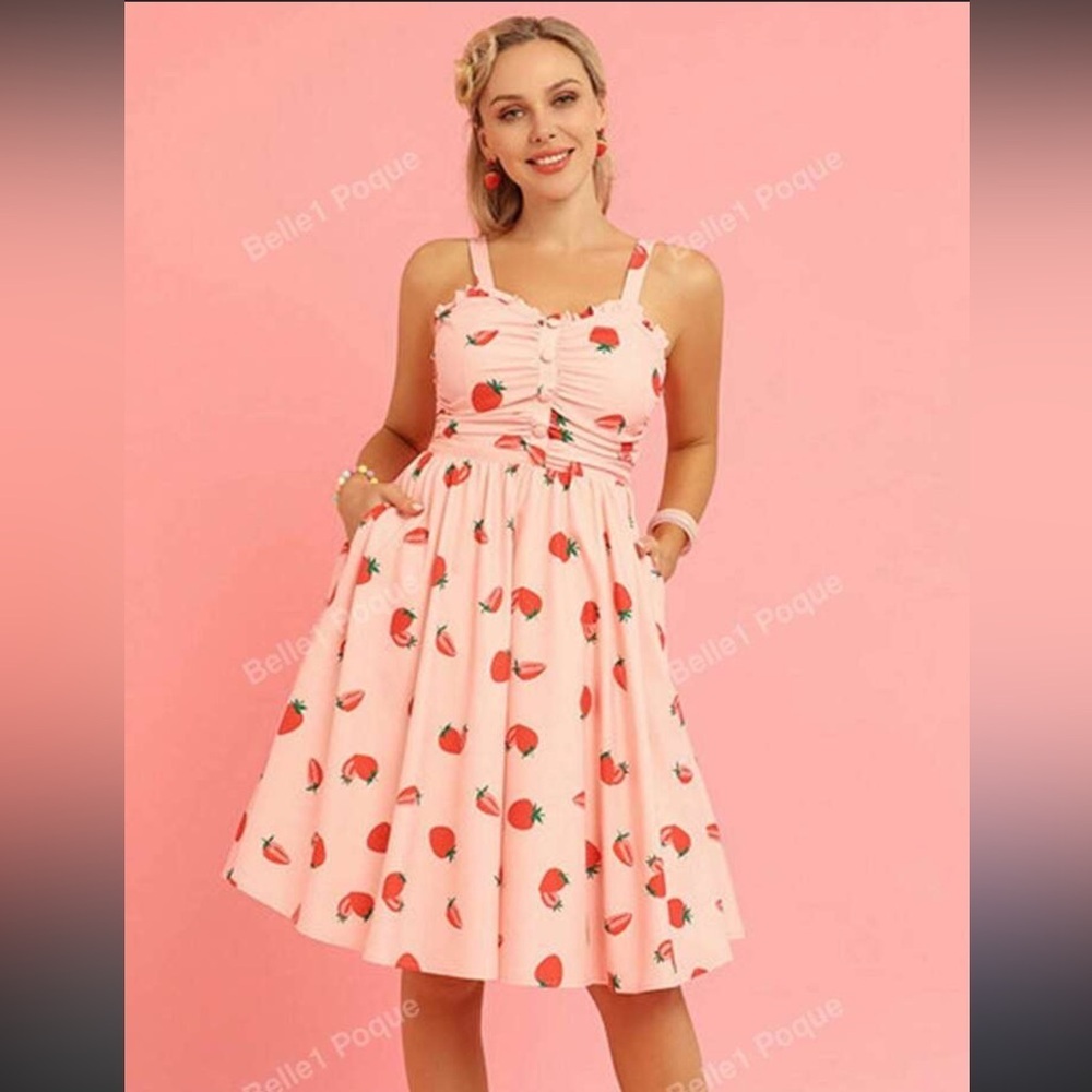 BELLE POGUE STRAWBERRY PRINT RUCHED FIT AND FLARE DRESS SIZE MEDIUM - Picture 3 of 15